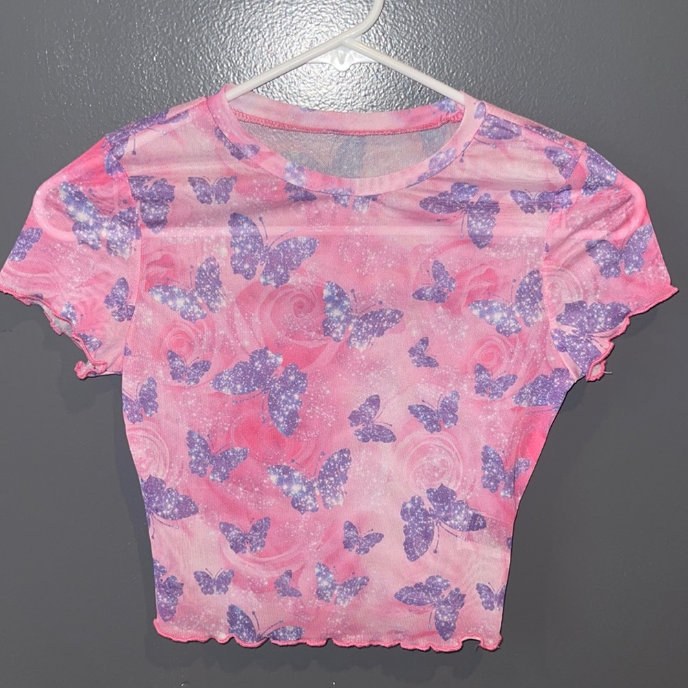 see thru butterfly crop top. size small